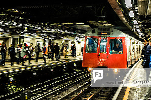 U-Bahnröhre  die in eine belebte U-Bahn-Station einfährt  London  England  Vereinigtes Königreich  Europa