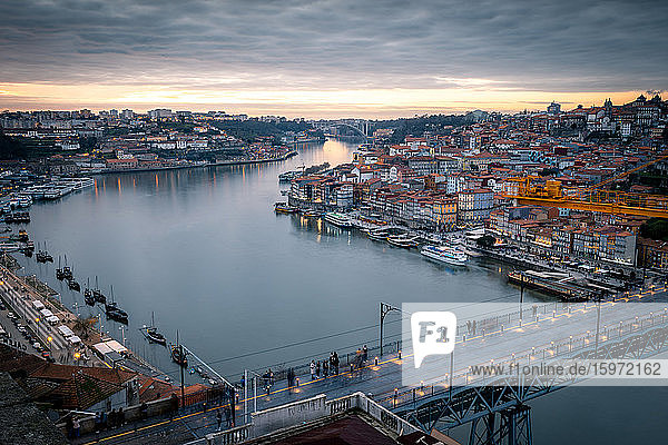 Sunset over Porto looking towards the Ribeira district and Dom Luis I Bridge over the River Douro  Porto  Portugal  Europe