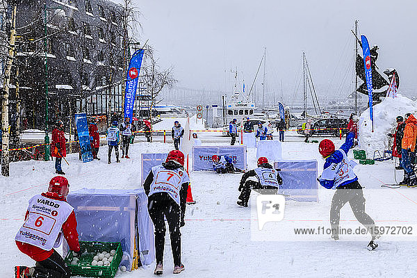 Yukigassen  snowball fight  Winter team sport  heavy snow  Central Tromso  Troms og Finnmark  Arctic Circle  North Norway  Scandinavia  Europe
