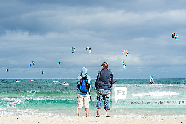 People watching the kite surfers  Flag Beach  Fuerteventura  Canary Islands  Spain  Atlantic  Europe