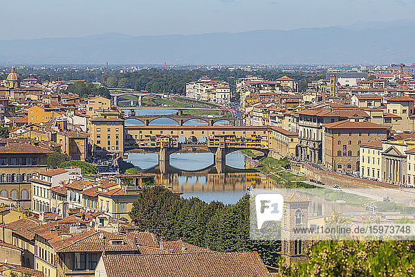 View of River Arno and Ponte Vecchio seen from Piazzale Michelangelo Hill  Florence  Tuscany  Italy  Europe