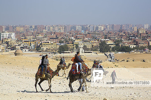 Touristen auf Kamelen bei den Großen Pyramiden von Gizeh  UNESCO-Weltkulturerbe  Gizeh  Ägypten  Nordafrika  Afrika