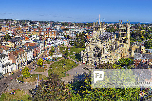 Aerial view over Exeter city centre and Exeter Cathedral  Exeter  Devon  England  United Kingdom  Europe
