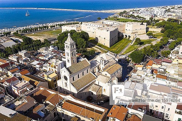 Aerial view of Castello Svevo and Cathedral Basilica of Saint Mary 'Maggiore'  Trani region  Barletta  Puglia  Italy  Europe