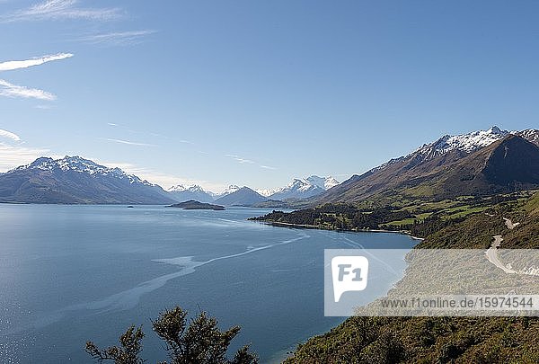 View towards Glenorchy on lake with mountains  Lake Wakatipu  Otago  South Island  New Zealand  Oceania