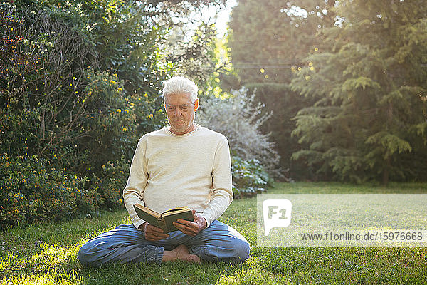 Älterer Mann liest ein Buch im Garten
