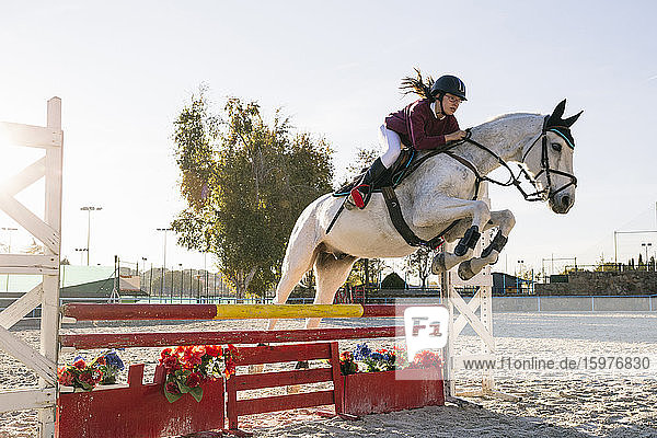Teenager-Mädchen reitet auf einem weißen Pferd und trainiert für einen Hindernislauf auf einer Ranch