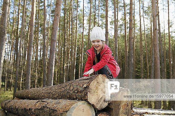 Portrait of happy little girl climbing on stack of wood in the forest