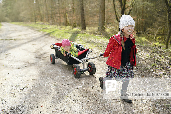 Porträt eines kleinen Mädchens  das mit seiner jüngeren Schwester auf einem Waldweg einen Wagen zieht