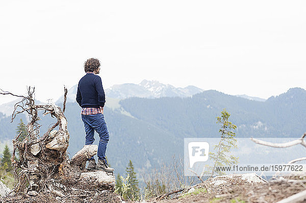 Mann steht auf einer Wurzel und blickt auf Berge gegen den klaren Himmel