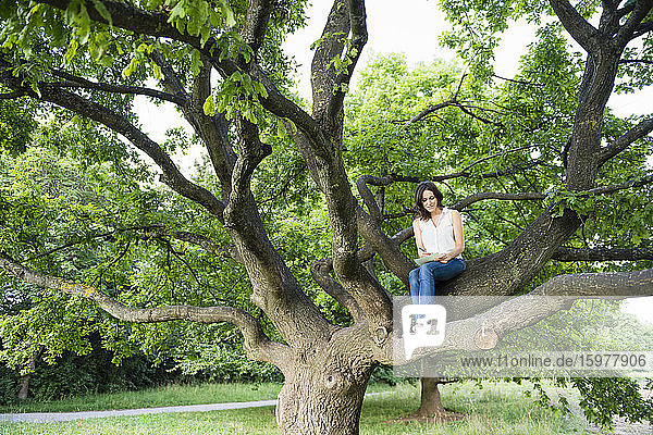 Junge Frau  die auf einem Ast im Park sitzt und schreibt