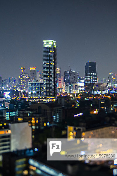Thailand  Bangkok  Tilt shift of downtown skyscrapers at night