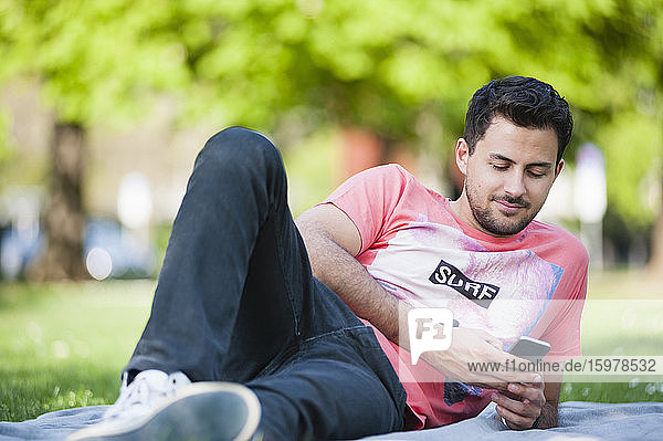 Lächelnder junger Mann  der auf einer Decke im Park liegend sein Smartphone überprüft