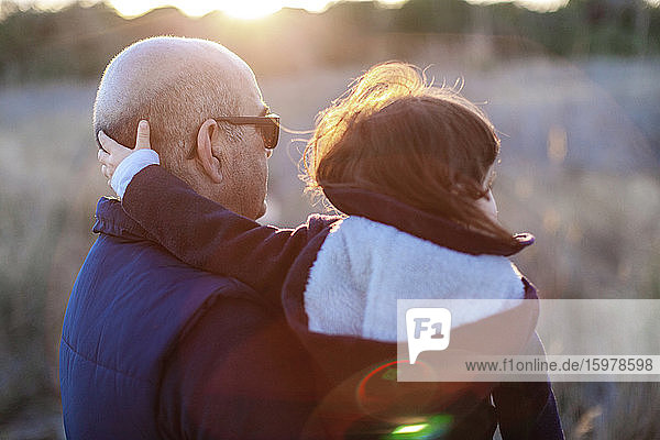 Rear view of mature man with granddaughter at countryside during sunset