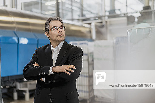 Mature businessman in a factory looking sideways