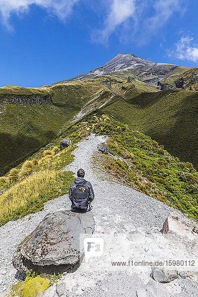 New Zealand  Male hiker admiring surrounding landscape during hike toward Mount Taranaki volcano