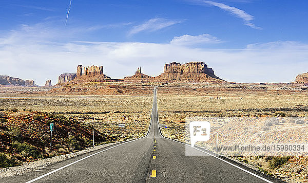 Empty desert road towards Monument Valley against sky  Monument Valley Tribal Park  Utah  USA