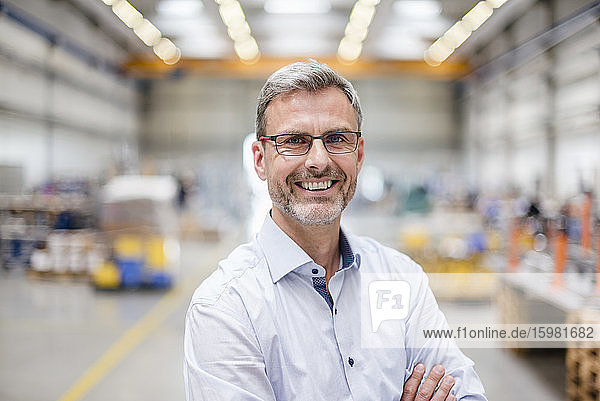 Porträt eines glücklichen reifen Geschäftsmannes in einer Fabrik