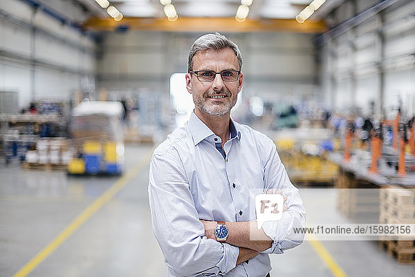 Porträt eines lächelnden reifen Geschäftsmannes in einer Fabrik