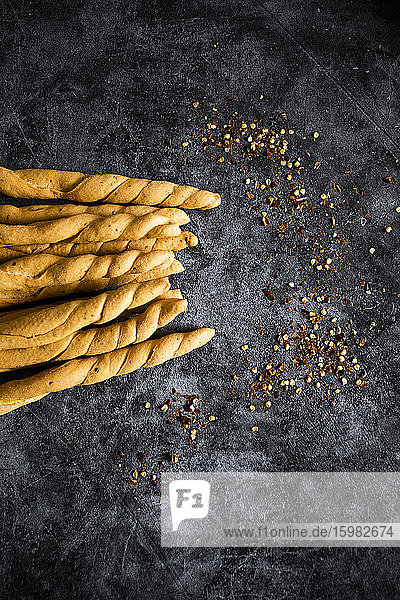 Studio shot of fresh Italian grissini breadsticks