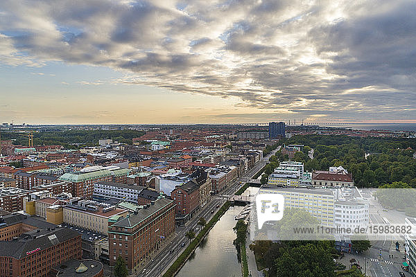 Sweden  Scania  Malmo  Aerial view of Sodra Forstadskanalen river canal at dusk