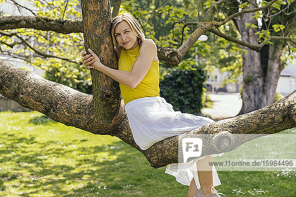 Porträt einer lächelnden Frau  die in einem Baum in einem Park sitzt