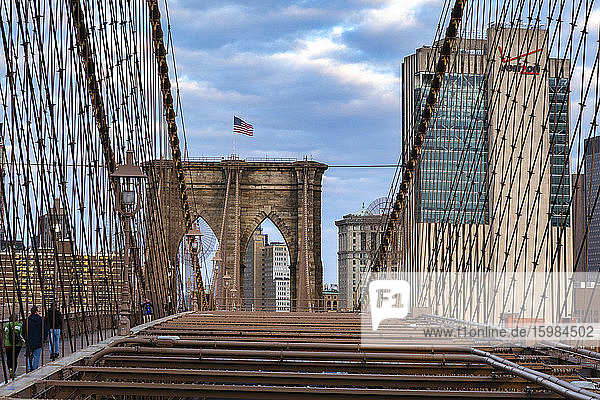 USA  New York  New York City  Brooklyn Bridge at dawn