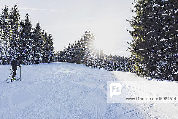 Germany  Bavaria  Reit im Winkl  Female backpacker skiing in winter forest at sunrise