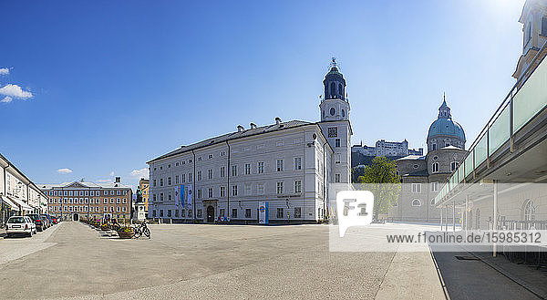 Austria  Salzburg  Empty Mozartplatz with Salzburg Museum amid Coronavirus pandemic