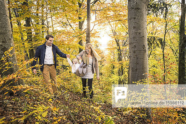 Glückliche Eltern  die ihre Tochter schwingen  während sie im Herbst den Wald erkunden