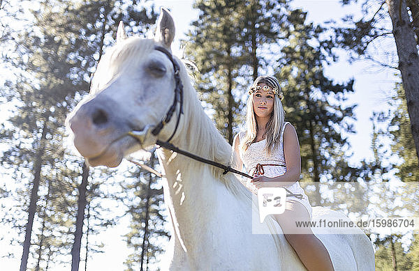 Niedriger Blickwinkel auf junge Frau reitet weißes Pferd im Wald