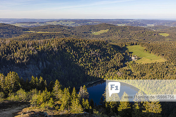 Germany  Baden-Wurttemberg  Feldberg  Scenic view of Feldsee lake and surrounding forest