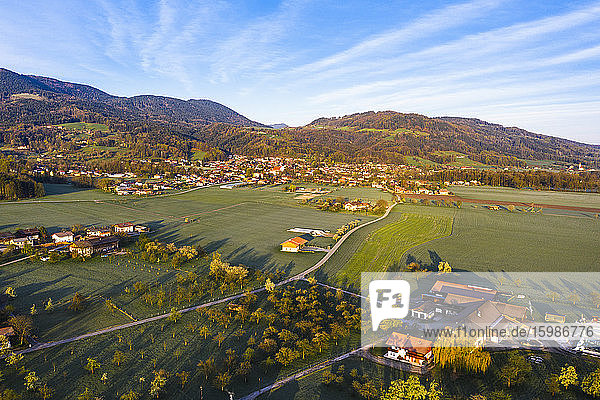 Germany  Bavaria  Bad Feilnbach  Aerial view of countryside town in spring