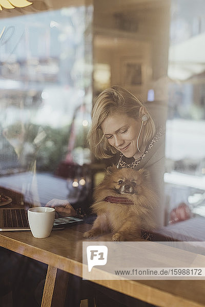 Lächelnde blonde Frau sitzt mit Pomeranian im Café durchs Fenster gesehen