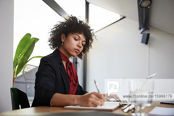Selbstbewusste junge Finanzberaterin schreibt Tagebuch  während sie mit Laptop am Schreibtisch im Büro sitzt