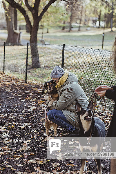 Seitenansicht eines kauernden Mannes  der einen Hund im Park umarmt