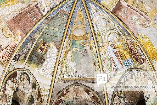 Choir with scenes from the life of Mary  frescoes by Masolino da Panicale  1435  Gothic  Collegiata dei Santi Stefano e Lorenzo  Castiglione Olona  Province of Varese  Lombardy  Italy  Europe