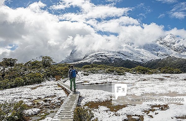 Hiker on Nature Trail  Key Summit  Snowy Mountain View  Routeburn Track  Fiordland National Park  Te Anau  Southland  South Island  New Zealand  Oceania
