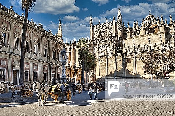 Plaza del Triunfo with Seville Cathedral Seville Andalusia Spain.