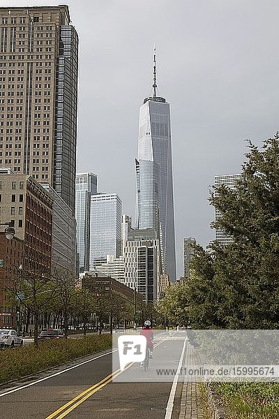 Cycle path alongside the Hudson River The Hudson River Park heading towards Freedom Tower during the Coronavirus lockdown New York USA.