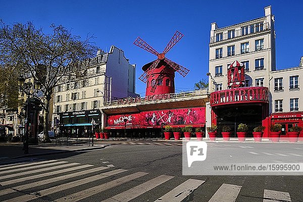 France Paris Pigalle Place Blanche the Moulin Rouge during the lockdown of Covid 19.