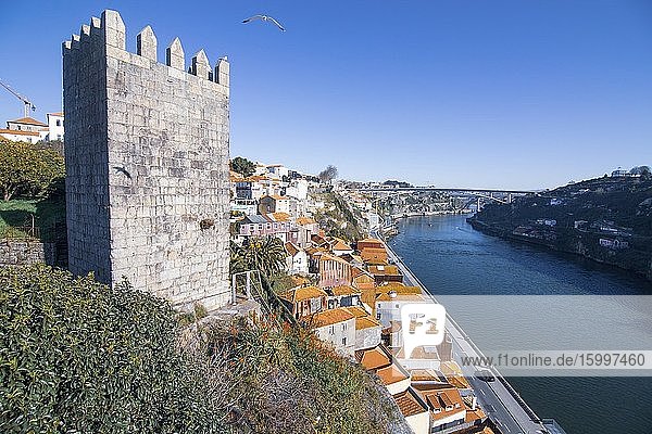 Aerial view of the old town in Porto from Dom Luis the first bridge over Duero river on January 7  2017 Portugal.