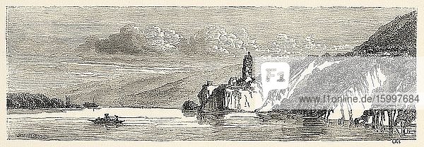 Danube river near Hainburg Nieder Sterreich Lower Austria Europe. Old 19th century engraved illustration Le Tour du Monde 1863.