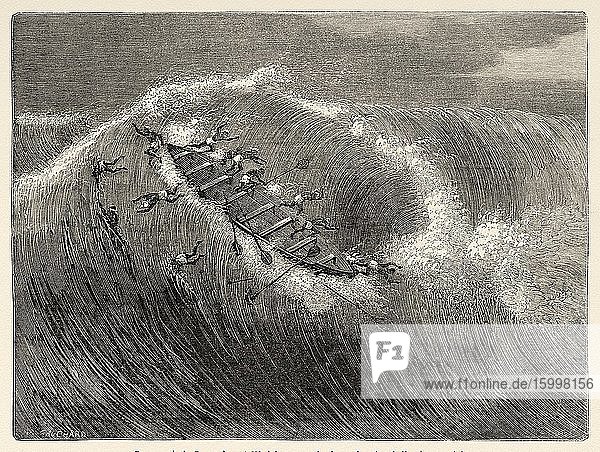 Boats passing the waves of the sea rib bar from in front of Whydah Gulf of Benin Dahomey Guinea. Central Africa Old 19th century engraved illustration Le Tour du Monde 1863.
