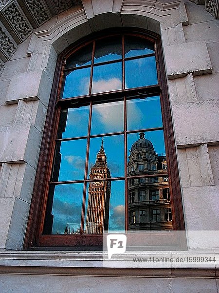 Big Ben reflected in a window