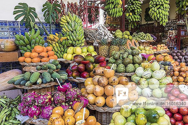 Exotic fruits fruit and vegetable market market hall Mercado dos Lavradores Funchal Madeira Island Portugal Europe