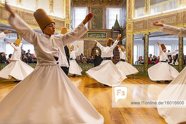 Dancing dervishes from the Sufi Mevlevi Order Sema-Zerimonie dervish dance Sema Mevlevihanesi Müzesi Istanbul Türkei