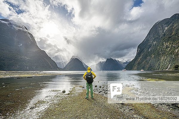 Young man looks out over the fjord  Mitre Peak  Milford Sound  Fiordland National Park  Te Anau  Southland  South Island  New Zealand  Oceania