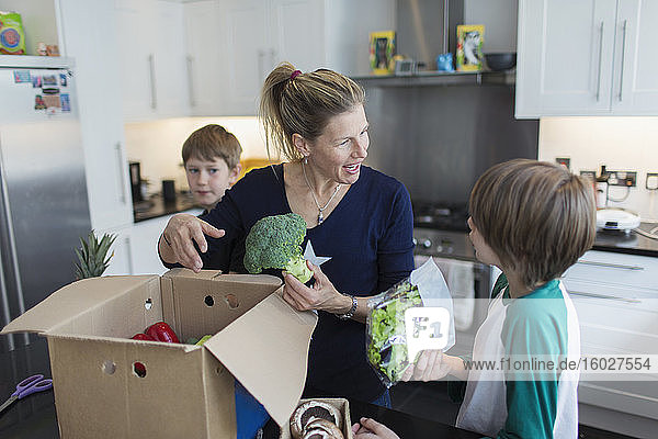 Mutter und Söhne entladen frische Produkte aus dem Karton in der Küche
