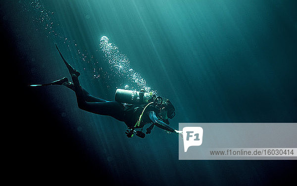 Unterwasseraufnahme eines Tauchers mit Taucheranzug  Taucherbrille und Sauerstoffflasche  Luftblasen steigen auf.
